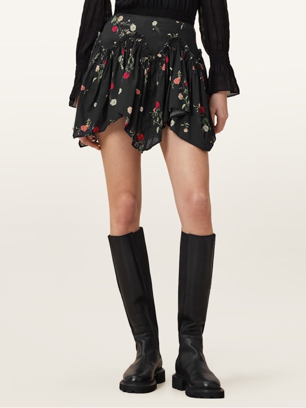 All Saints Black Floral Handkerchief Hem Mini Skort